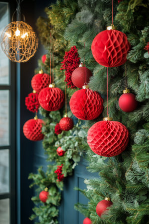 Colorful red lanterns hang from the ceiling, creating a warm and festive atmosphere in a charming outdoor dining area filled with greenery and twinkling lights.の素材