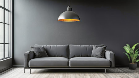 A contemporary living room showcases a gray sofa positioned against a textured black wall, illuminated by warm pendant lights, with two potted plants adding a touch of greenery.の素材