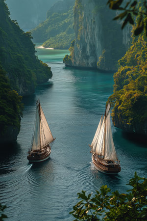 Two elegant sailboats navigate calm turquoise waters in a secluded bay, framed by towering cliffs and vibrant greenery under soft daylight.の素材
