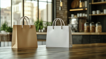 Two shopping bags sit on a kitchen counter, illuminated by sunlight. Fresh fruits and vegetables are arranged nearby, accompanied by green plants, creating a lively atmosphere.の素材