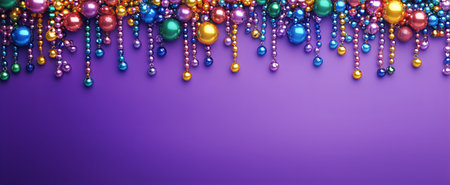 Brightly colored beads in shades of purple, pink, gold, and teal are scattered across a surface, adding a festive touch for special occasions and celebrations.の素材