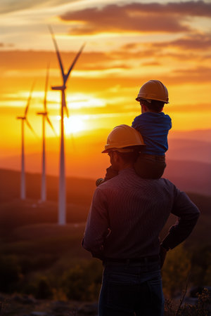 A father stands with his child on his shoulders, observing a stunning sunset behind wind turbines in a picturesque landscape. The warm hues create a serene atmosphere.の素材
