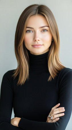 A woman with long brown hair stands confidently, arms crossed, wearing a black turtleneck. The neutral background highlights her calm demeanor and poised expression.の素材