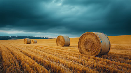 Straw bales are neatly arranged in golden harvested fields under a darkening sky, creating a striking contrast during the evening. The atmosphere is peaceful yet dramatic.の素材