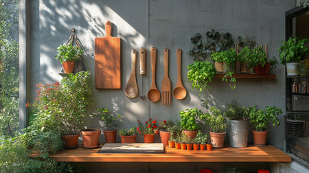 A vibrant assortment of herbs and plants arranged on a wooden table in a sunlit kitchen. Wooden utensils hang on the wall, creating a warm and inviting atmosphere.の素材