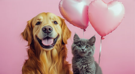 A happy golden retriever sits side by side with a cute gray kitten, both looking at the camera. Heart-shaped balloons float above them on a vibrant pink background.の素材