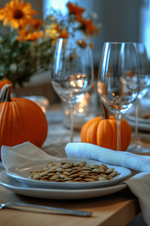 A beautifully arranged autumn table features vibrant pumpkins, elegant wine glasses, and a plate of toasted pumpkin seeds, enhancing the cozy atmosphere of a harvest gathering.の素材