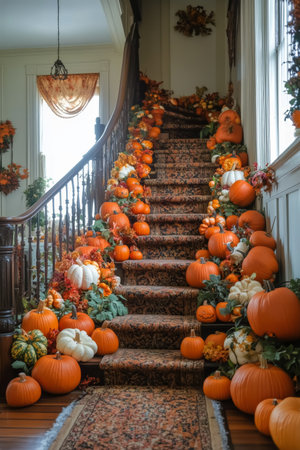 A staircase adorned with a variety of pumpkins and gourds creates a festive autumn atmosphere. The warm colors and textures enhance the inviting interior of a cozy home.の素材