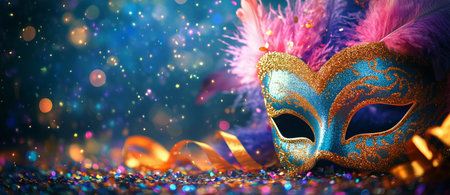 A vibrant masquerade mask adorned with feathers and sparkles sits on a shimmering surface. The atmosphere is festive, perfect for celebrations or events like a carnival.の素材