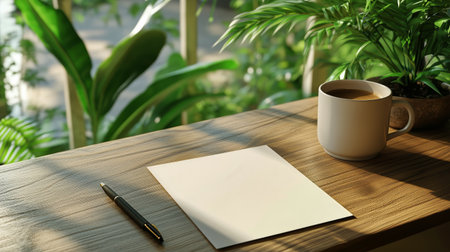 A warm, inviting workspace features a cup of coffee, a blank sheet of paper, and lush green plants basking in soft natural light, creating a calming atmosphere for creativity.の素材