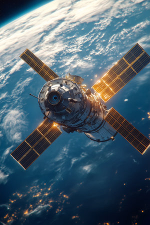 A satellite soars above Earth, revealing intricate design and solar panels, while vibrant cities glow in the darkness of space. A breathtaking view of the planet is visible below.の素材