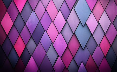 A decorative wall showcases an array of purple and pink diamond-shaped tiles, creating a striking visual display with rich colors and textures in varying shades.の素材