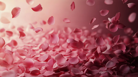 Delicate pink petals float through a softly lit background, creating a tranquil and dreamlike ambiance. The gentle movement of the petals adds to the peaceful atmosphere.の素材