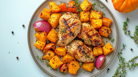 Sliced grilled chicken breast is arranged on a bed of fresh arugula, accompanied by roasted sweet potatoes and grapes.の素材