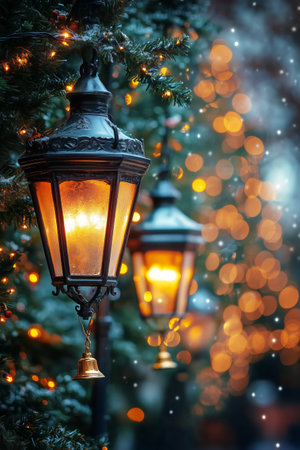 Lanterns glow warmly amidst a snowy evening, creating a cozy atmosphere as holiday lights twinkle in the background. The scene captures the essence of winter celebrations.の素材