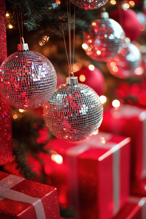 Silver disco ball ornaments hang above glittering red gift boxes adorned with bows. The festive atmosphere is enhanced by twinkling lights in the background.の素材