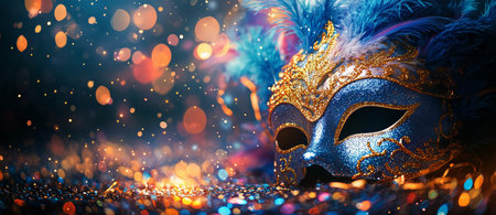 A vibrant mask lies on a surface, adorned with intricate designs and feathers. Surrounding it are twinkling lights, creating a festive atmosphere during an evening celebration.の素材