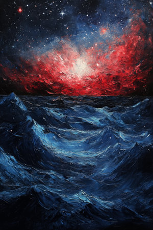 Stunning waves ripple across the ocean beneath a mesmerizing sky filled with bright stars and vibrant colors blending into a cosmic display at twilight.の素材