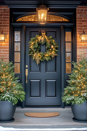 A cozy front door adorned with a lush green wreath featuring gold accents and surrounded by potted evergreen trees illuminated by warm lights, creating a festive atmosphere.の素材