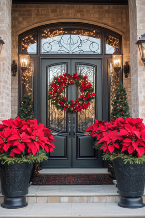A front entrance adorned with a large wreath, vibrant poinsettias, and twinkling lights creates a festive atmosphere for the holiday season. The elegant decor enhances the warm welcome.の素材