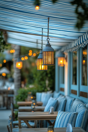 Cozy seating area with blue striped awning and warm lanterns creates an inviting atmosphere for dining outside. Soft lights illuminate the space, enhancing the dining experience.の素材