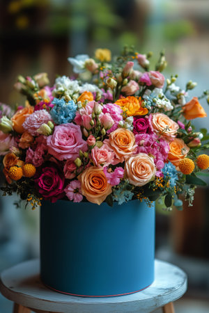 A vibrant assortment of roses, lilies, and small blooms fills a blue container, creating a cheerful display on a wooden stool in a cozy flower shop during spring.の素材
