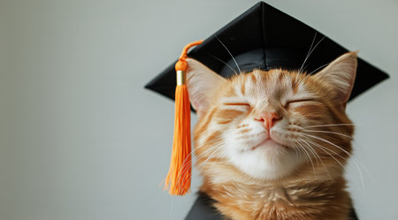 A joyful cat in a graduation cap and gown smiles widely, showing its pride in this indoor environment filled with soft light, symbolizing achievement and success.の素材