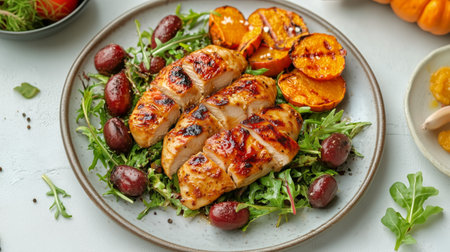 Sliced grilled chicken breast is arranged on a bed of fresh arugula, accompanied by roasted sweet potatoes and grapes.の素材