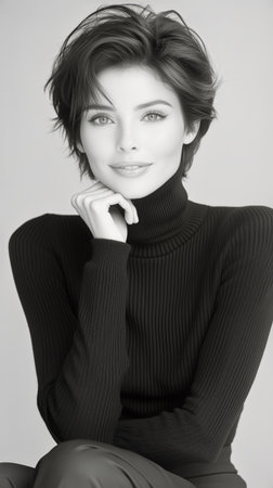 A confident model with short, wavy hair poses thoughtfully, resting her chin on her hand while wearing a turtleneck sweater against a plain backdrop.の素材