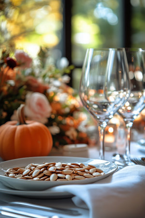 A festive table is decorated for an autumn gathering featuring a small pumpkin, roasted seeds on a plate, and elegant glassware. Soft floral arrangements enhance the fall ambiance.の素材