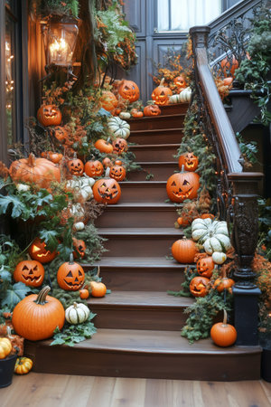 Colorful pumpkins of various sizes fill a wooden staircase, surrounded by autumn leaves and plants, creating a festive Halloween atmosphere in a cozy home.の素材