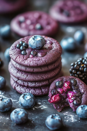 Stacks of vibrant purple cookies are garnished with blueberries and surrounded by fresh raspberries and mint leaves, creating an inviting dessert display.の素材