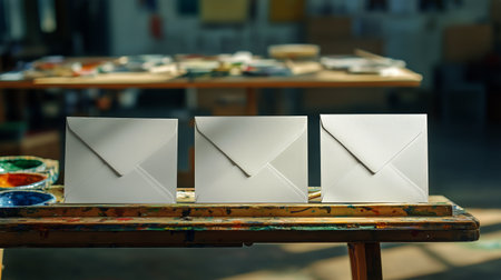 Three blank envelopes rest on a wooden table surrounded by colorful paint palettes in a bright, artistic workspace filled with supplies.の素材