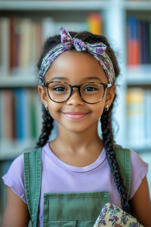 A cheerful girl wearing glasses and a floral headband stands in a library. She holds a stack of books close to her chest, showing her enthusiasm for reading.の素材
