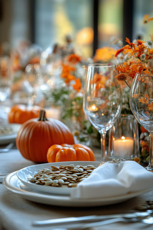 A beautifully arranged autumn table features vibrant pumpkins, elegant wine glasses, and a plate of toasted pumpkin seeds, enhancing the cozy atmosphere of a harvest gathering.の素材