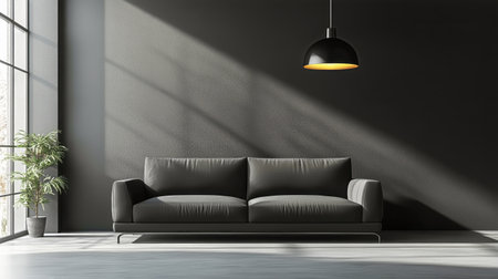 A minimalistic living room features a sleek black sofa, bright natural light streaming through large windows, and a stylish pendant light overhead, creating a serene atmosphere.の素材