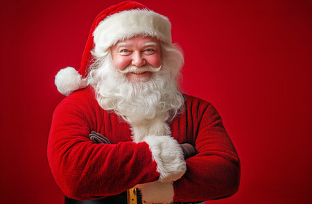 Santa Claus, dressed in a vibrant red outfit, is smiling warmly with crossed arms. The bright red backdrop emphasizes the festive spirit of the holiday season.の素材