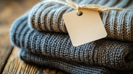 Soft, warm knitted sweaters in earthy tones are neatly arranged with a blank tag, suggesting they are prepared for a boutique display. The cozy atmosphere invites shopping.の素材