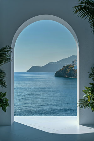 Clear blue water meets rocky islands in a peaceful setting framed by a white arched structure. Lush greenery adds a touch of nature to this serene coastal spot.の素材