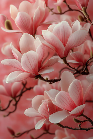 Magnolias bloom softly in gentle morning light, showing their delicate pink petals. This tranquil moment captures the beauty of springtime in a lush natural setting.の素材