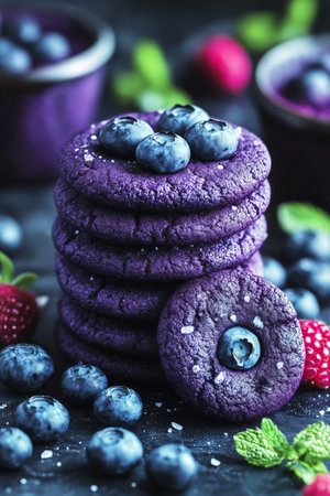 Stacks of vibrant purple cookies are garnished with blueberries and surrounded by fresh raspberries and mint leaves, creating an inviting dessert display.の素材