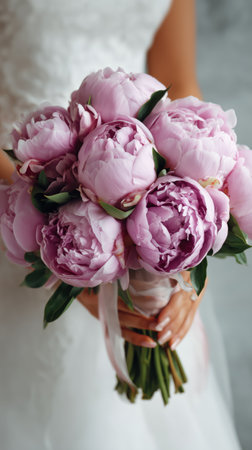 A bride holds a stunning bouquet of pink peonies, showing various shades of pink. The elegant flowers are arranged with green leaves, enhancing the romantic atmosphere..の素材