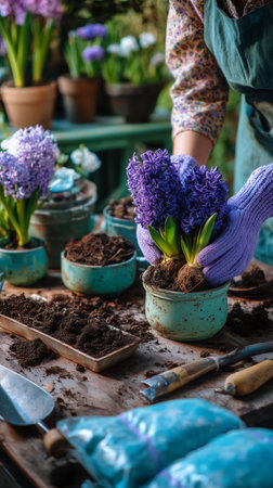 In a bright garden, a person with gloves arranges purple hyacinths in a teal pot. Surrounding tools and soil show the process of planting flowers, capturing springs essence..の素材