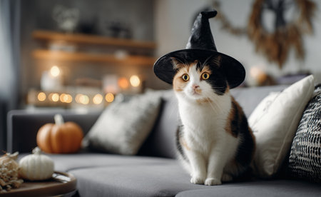 A calico cat wearing a small witch hat lounges on a cozy couch. Decorative pumpkins and warm lighting enhance the autumn atmosphere in the room..の素材
