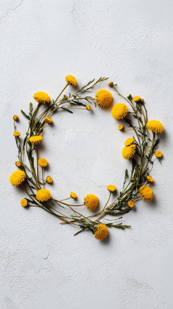 Bright yellow flowers are creatively woven into a circular shape against a light background, showing natures beauty and simple elegance in floral design..の素材