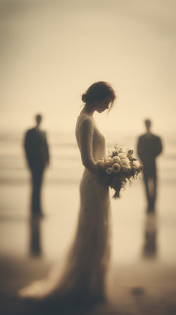 A bride stands on the beach during sunset, holding a bouquet of flowers. Two figures are positioned in the background, silhouetted against the glowing horizon.の素材