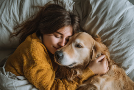 A girl enjoys a warm moment with her golden retriever as they cuddle in bed. Soft bedding surrounds them, creating a peaceful atmosphere for their morning together.の素材