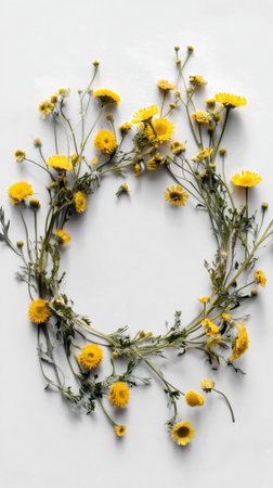 Bright yellow flowers are creatively woven into a circular shape against a light background, showing natures beauty and simple elegance in floral design.の素材