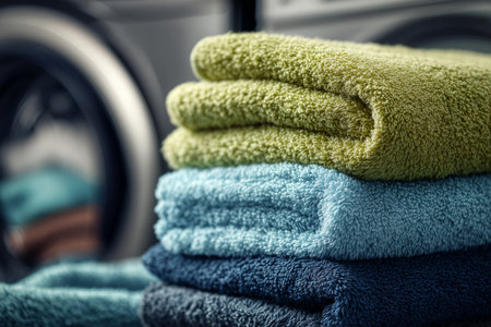 Stacks of soft, colorful towels in shades of blue, green, and beige sit next to a washing machine, indicating preparation for laundry. The setting is clean and organized..の素材