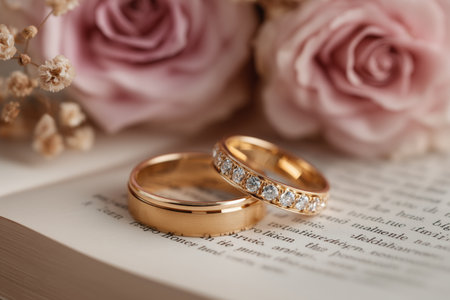 Two beautiful wedding rings rest on an open book surrounded by delicate pink roses, creating a romantic and elegant atmosphere, perfect for a love story.の素材